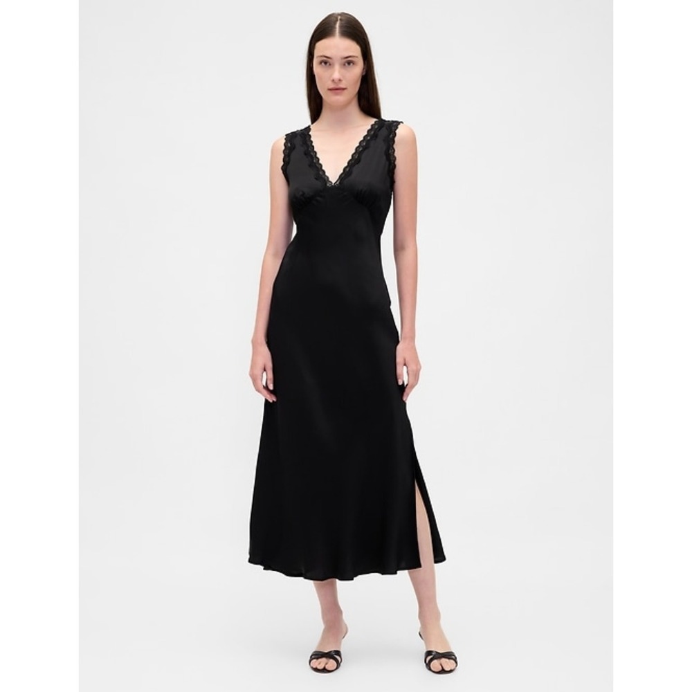 New Gap Dress Medium Slip Maxi Lace Trim V-Neck Sleeveless Satin Long Y2K NWT